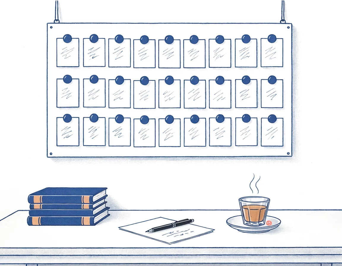 Riso-style illustration of a pinboard holding neat rows of small white index cards, each held by a single round indigo pin, with a pen resting on one card below, a short stack of slim indigo books, and a glass of cutting chai on a saucer.