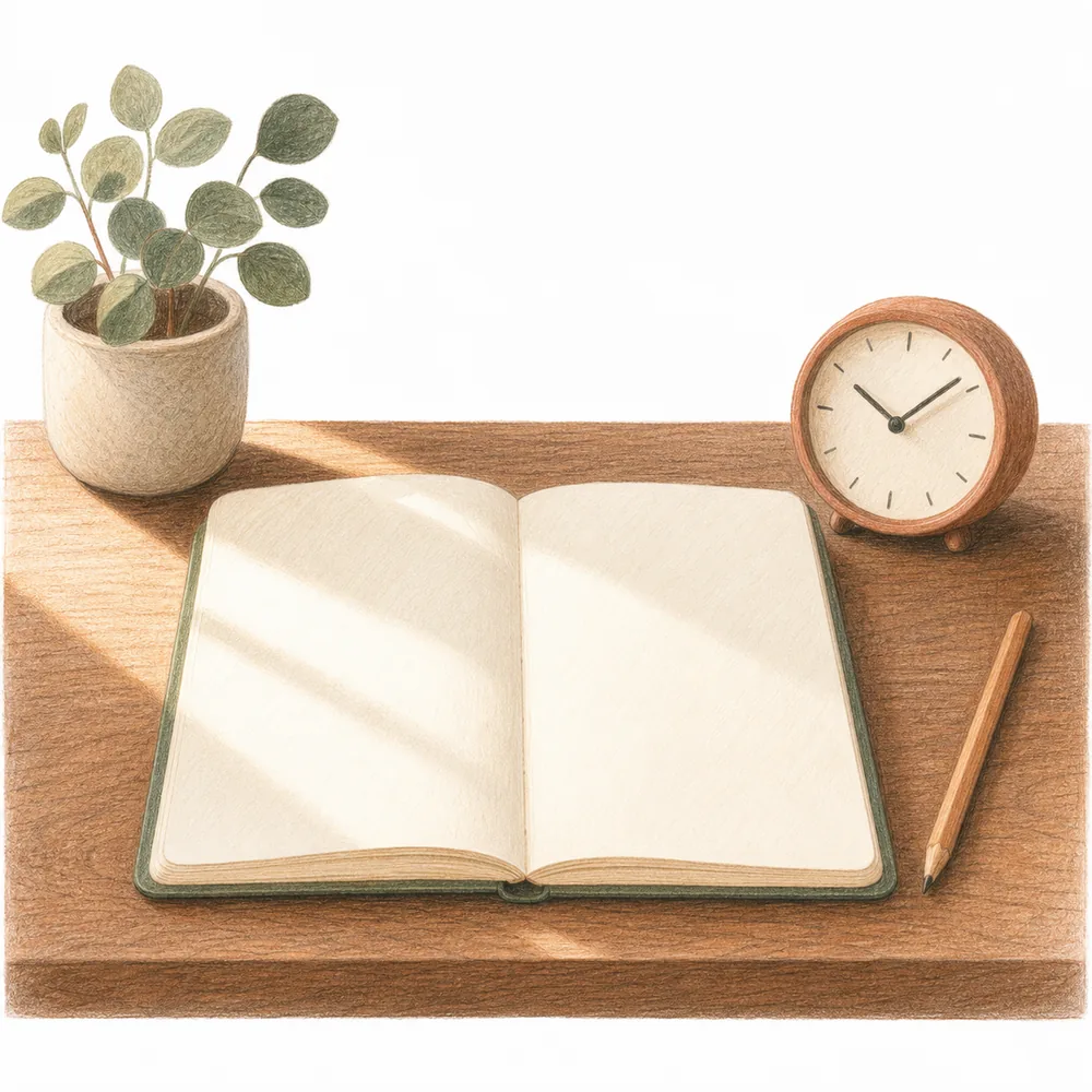 Illustrated desk with an open notebook, pencil and clock for adult ADHD assessment