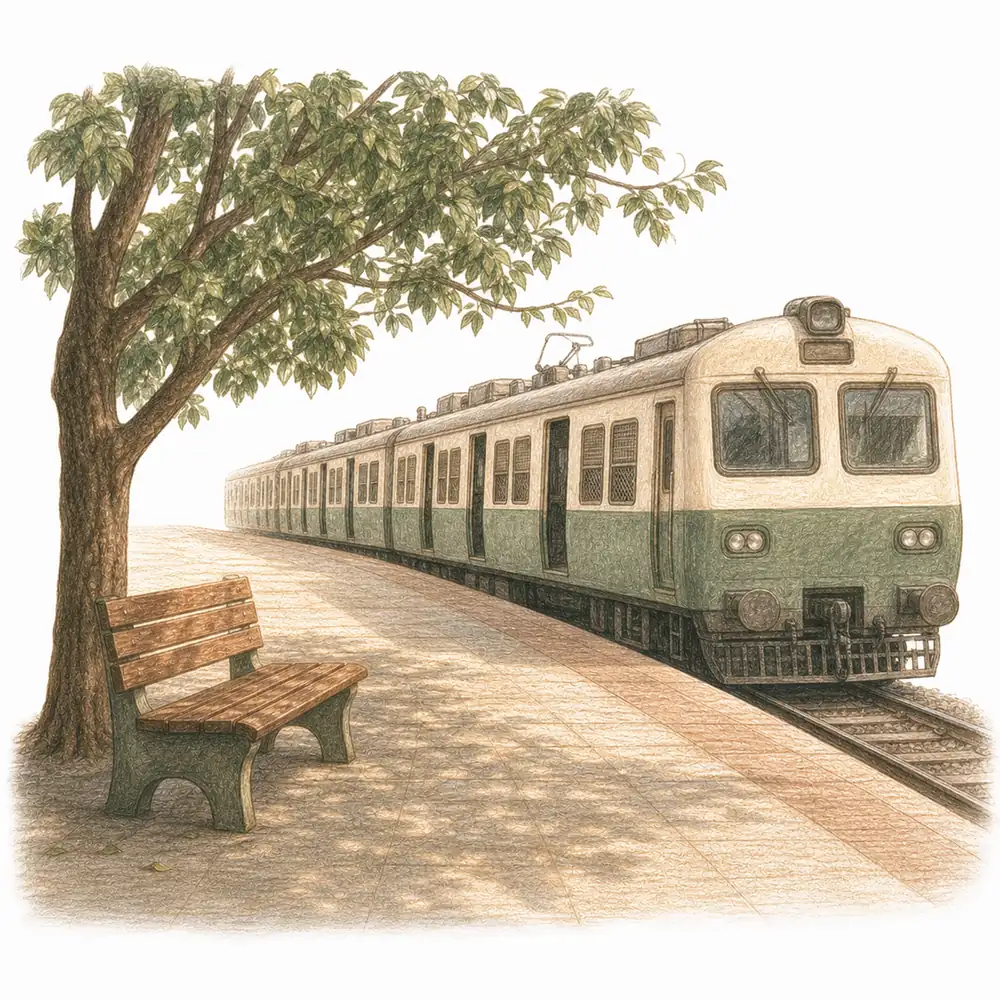 Hand-drawn Bhandup local train arriving at a leafy platform near Weave, Centre for Integrative Psychiatry