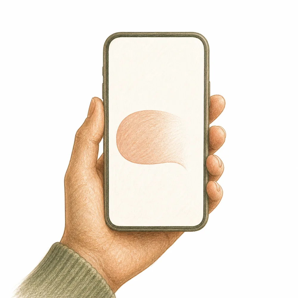 Hand-drawn hand holding a phone as a first message to Weave begins