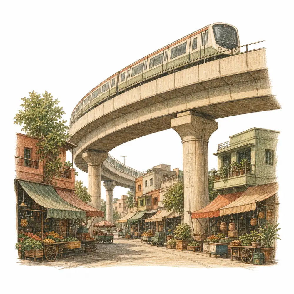 Hand-drawn Ghatkopar Metro viaduct above a lively street market, the local door to Weave