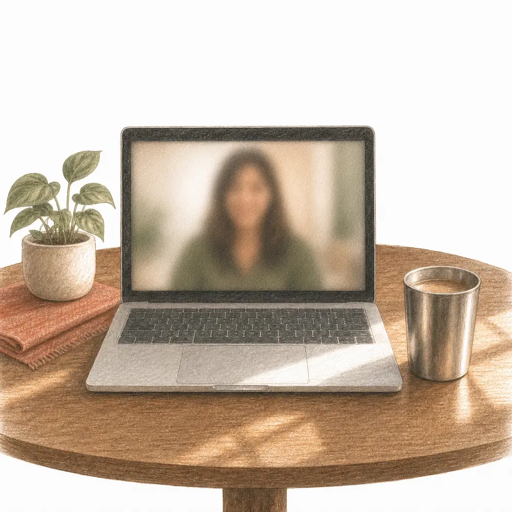 Hand-drawn laptop ready for an online Weave consultation beside a steel tumbler of chai