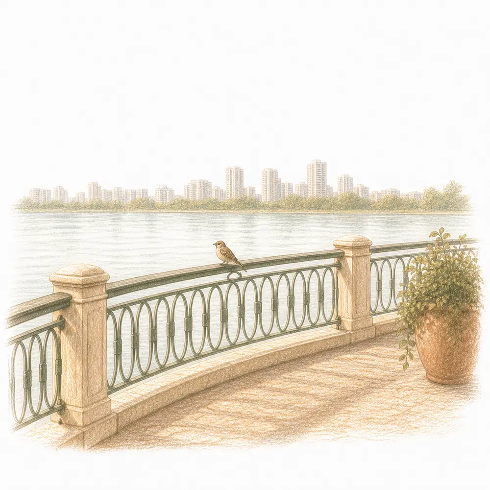 Hand-drawn Powai lakeside promenade in morning light, the local door to Weave