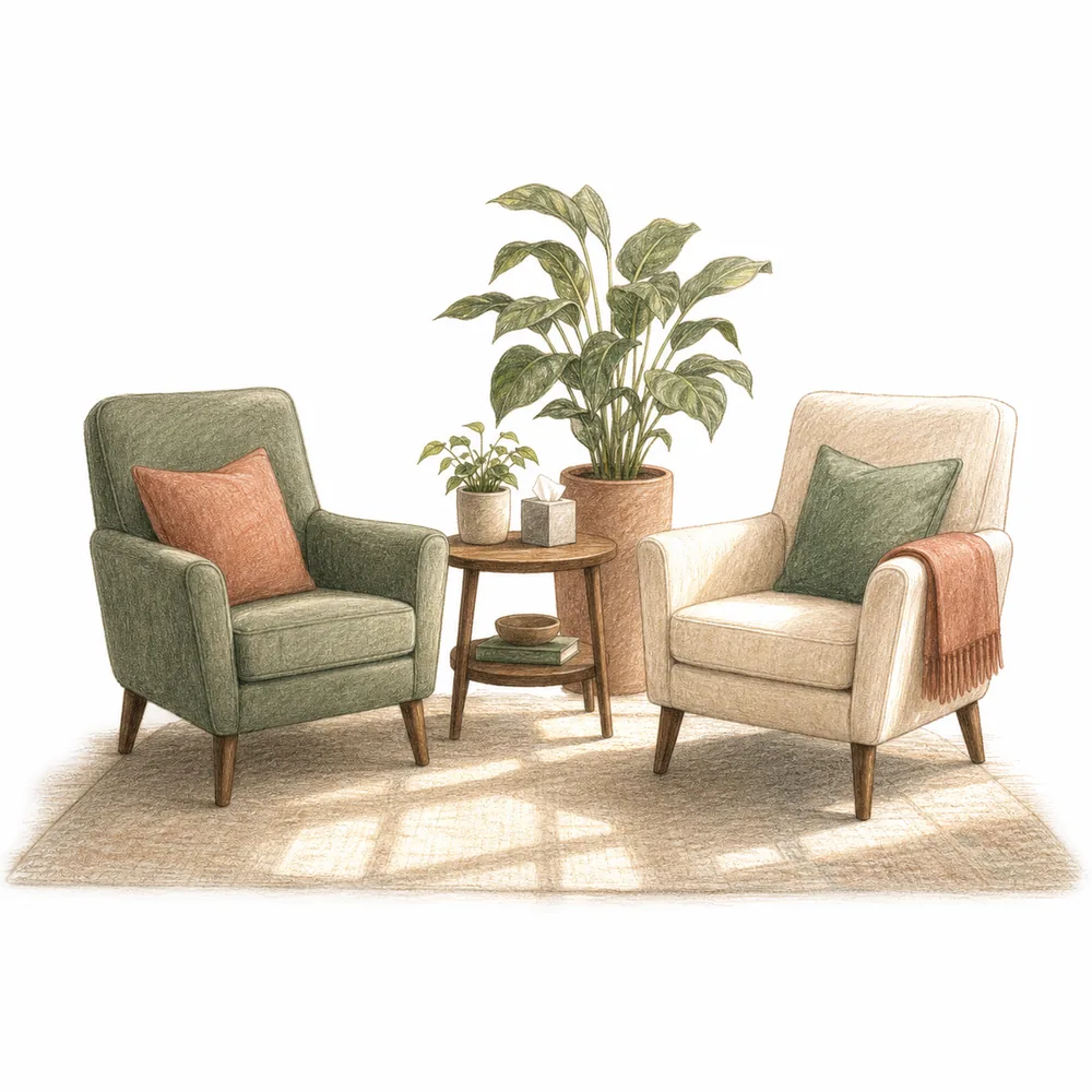Hand-drawn Weave consulting room with two chairs, a plant, and soft window light