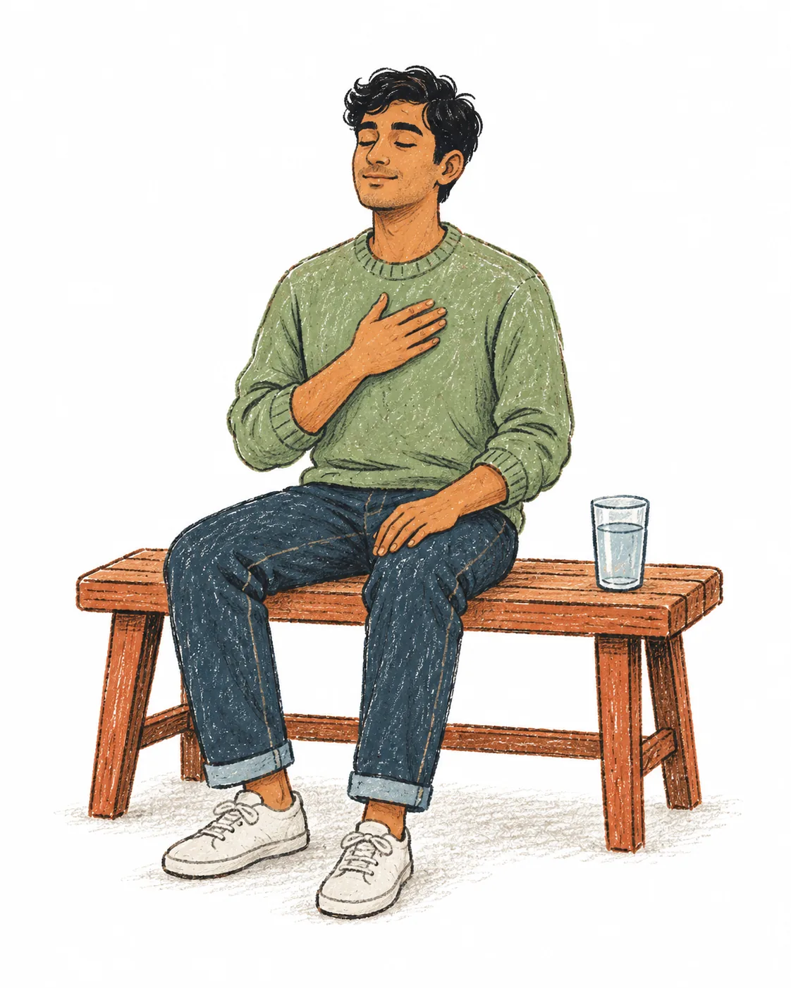 A young man sitting on a wooden bench with one hand on his chest, eyes closed, breathing slowly, a glass of water beside him.