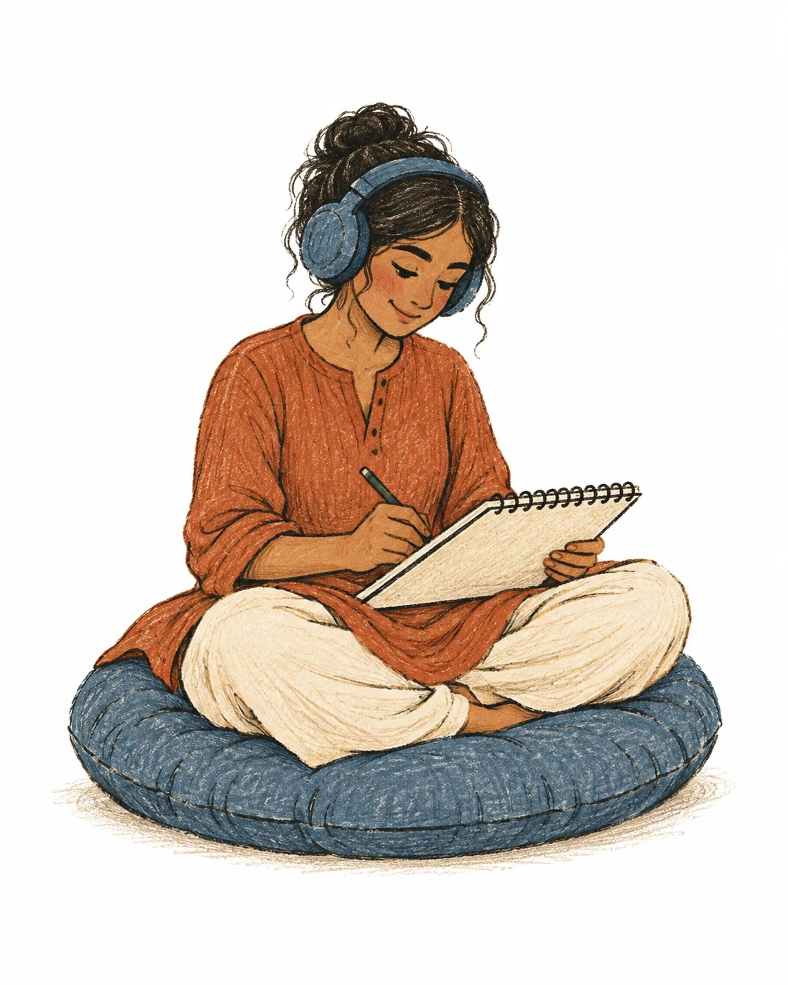A young person in headphones sitting cross-legged on a cushion, drawing in a sketchbook.