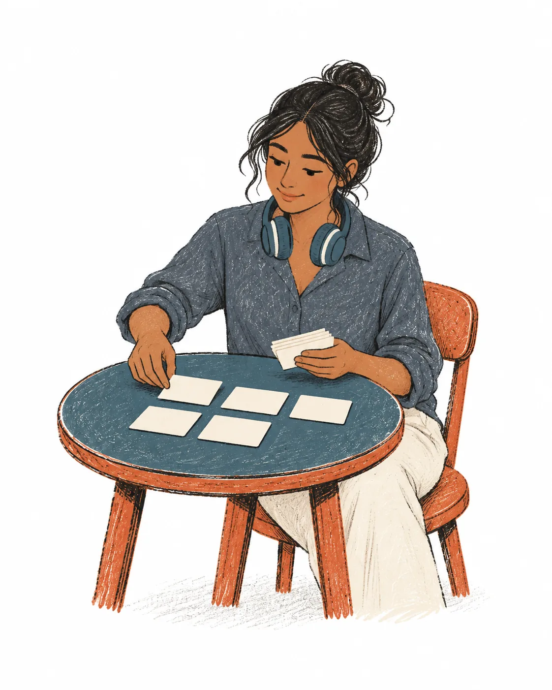 A woman with headphones around her neck at a small table, calmly laying out blank cards in rows.