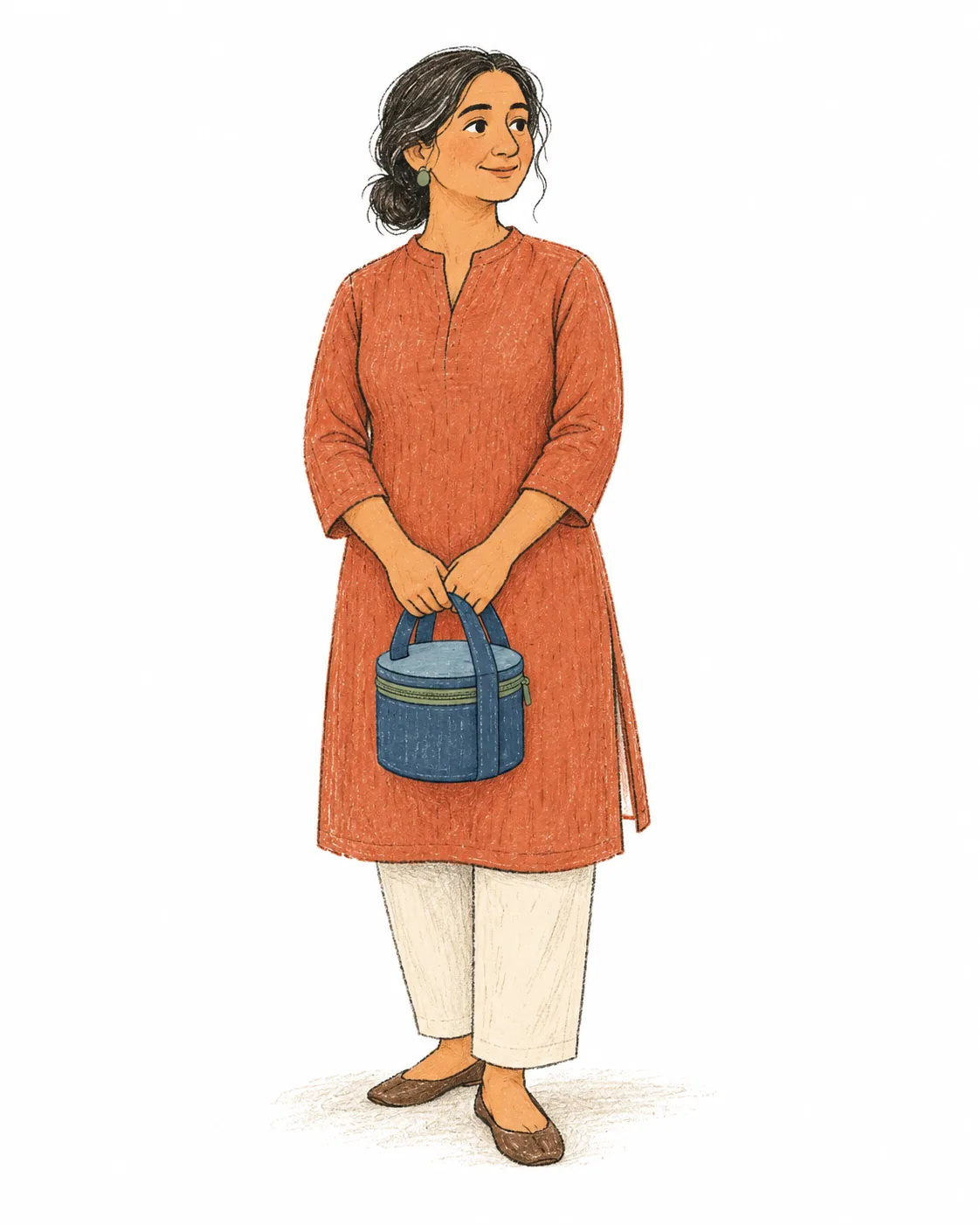 A woman standing with a tiffin bag in both hands, waiting with a calm expression.