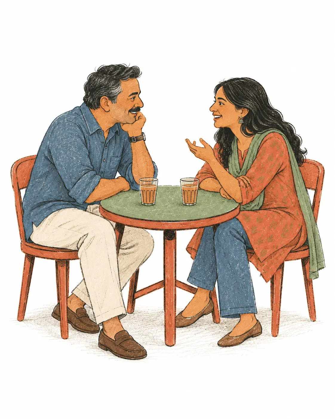Ek pita aur unki beti chhoti mez par chai ke saath aaraam se baat kar rahe hain.