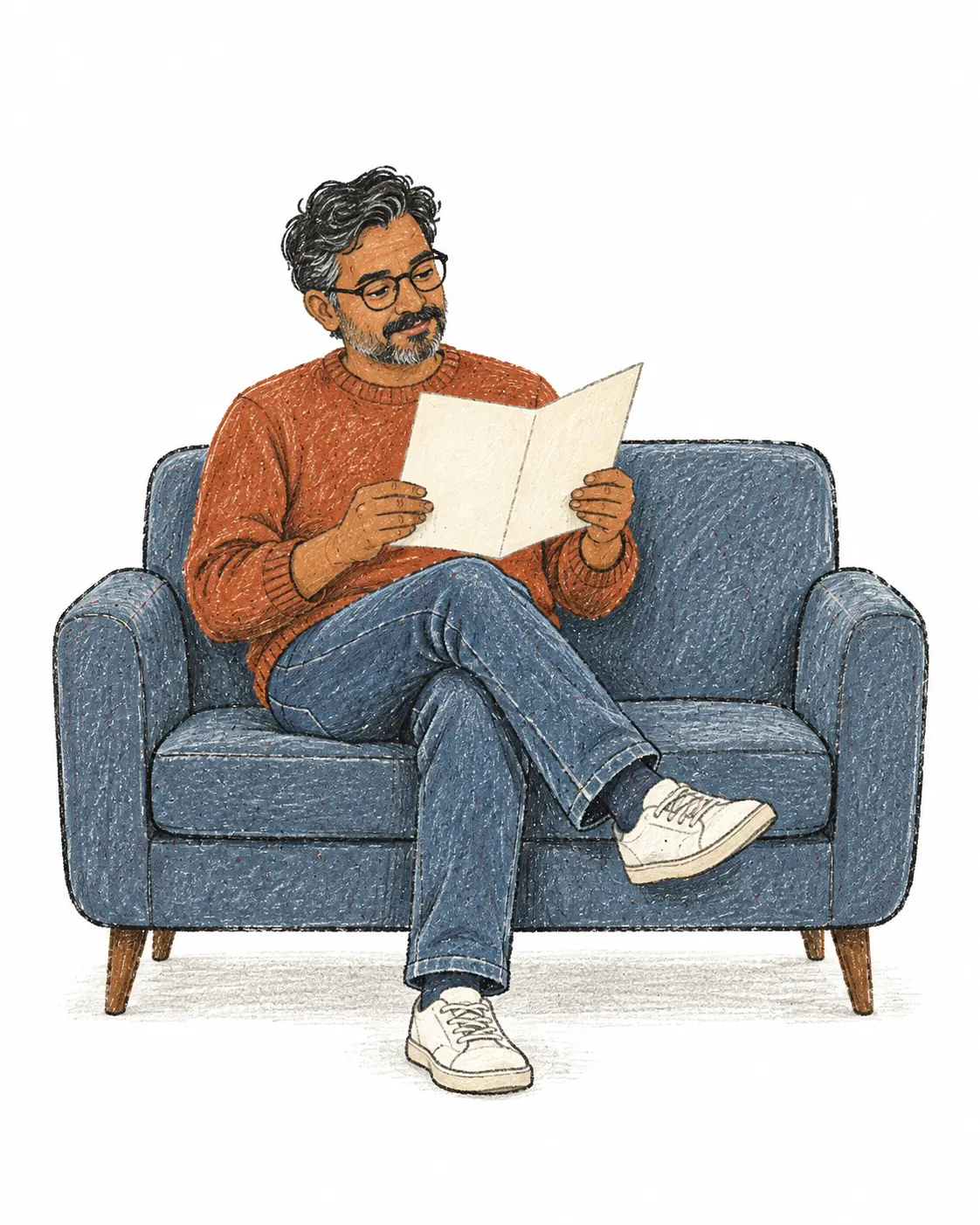 A man in his forties at ease on a sofa, reading a folded leaflet.