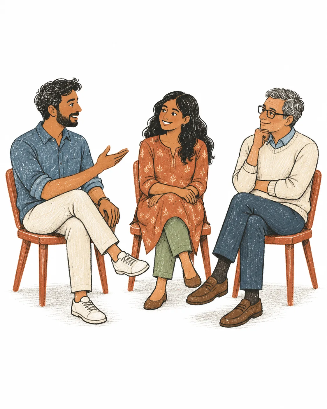 Three people of different ages sitting on chairs in a loose half circle, one speaking and two listening.