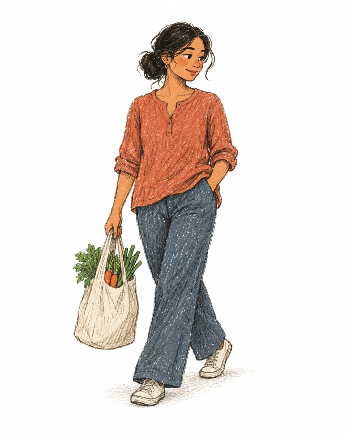 A woman walking with a cloth bag of vegetables, one hand in her pocket, a calm expression.