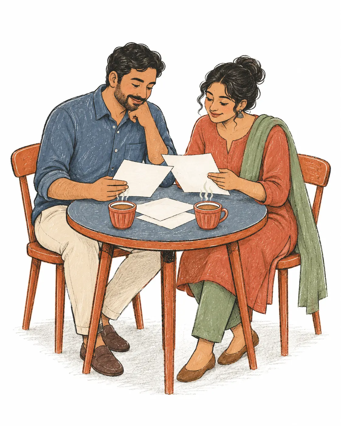A couple at a small table looking over papers together, two cups of tea between them.