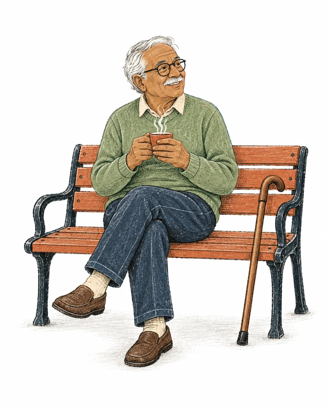 An elderly man on a park bench holding a cup of tea, his walking stick beside him.