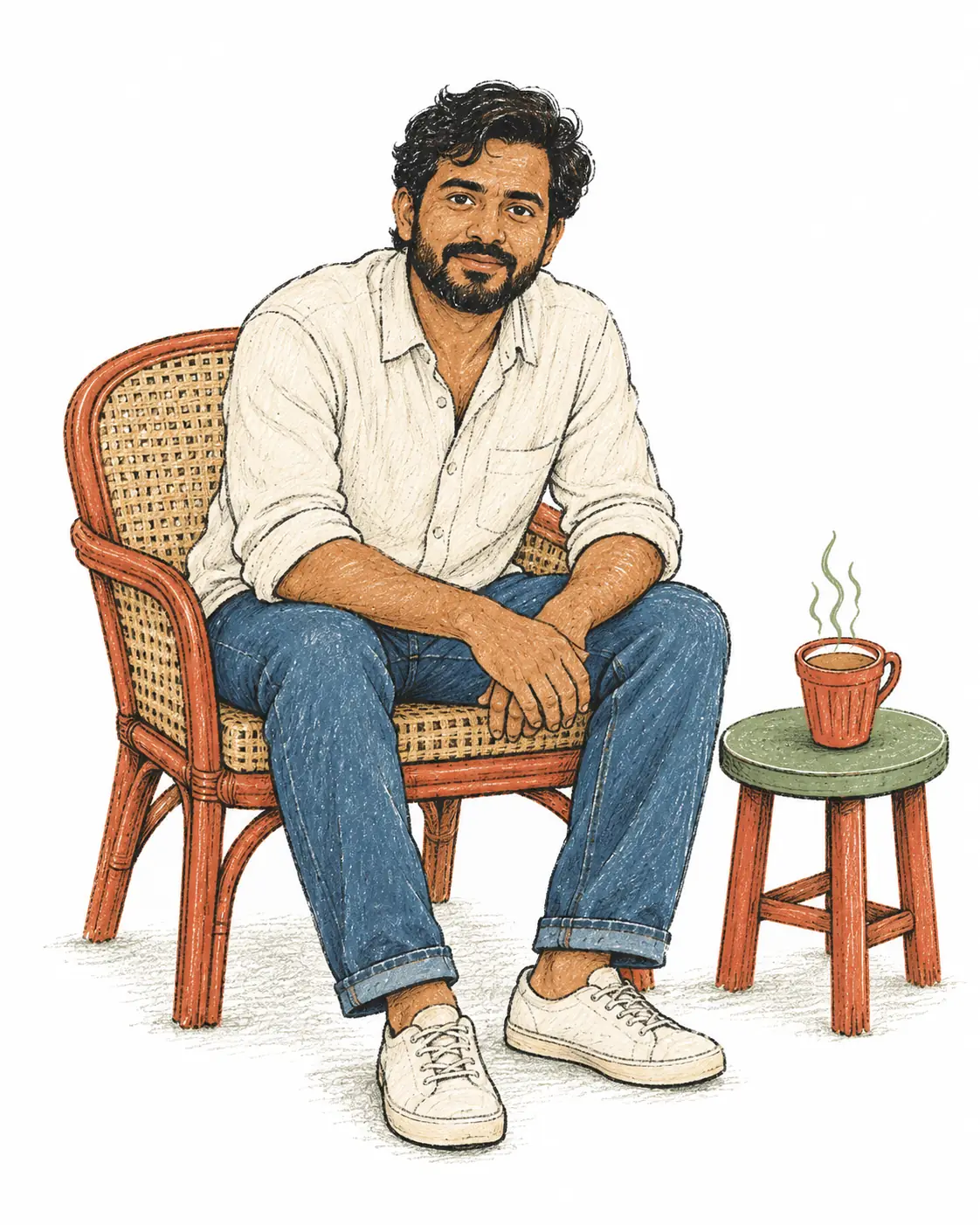 A man in a cane chair, leaning forward with a calm, open expression, a cup of tea on a stool beside him.