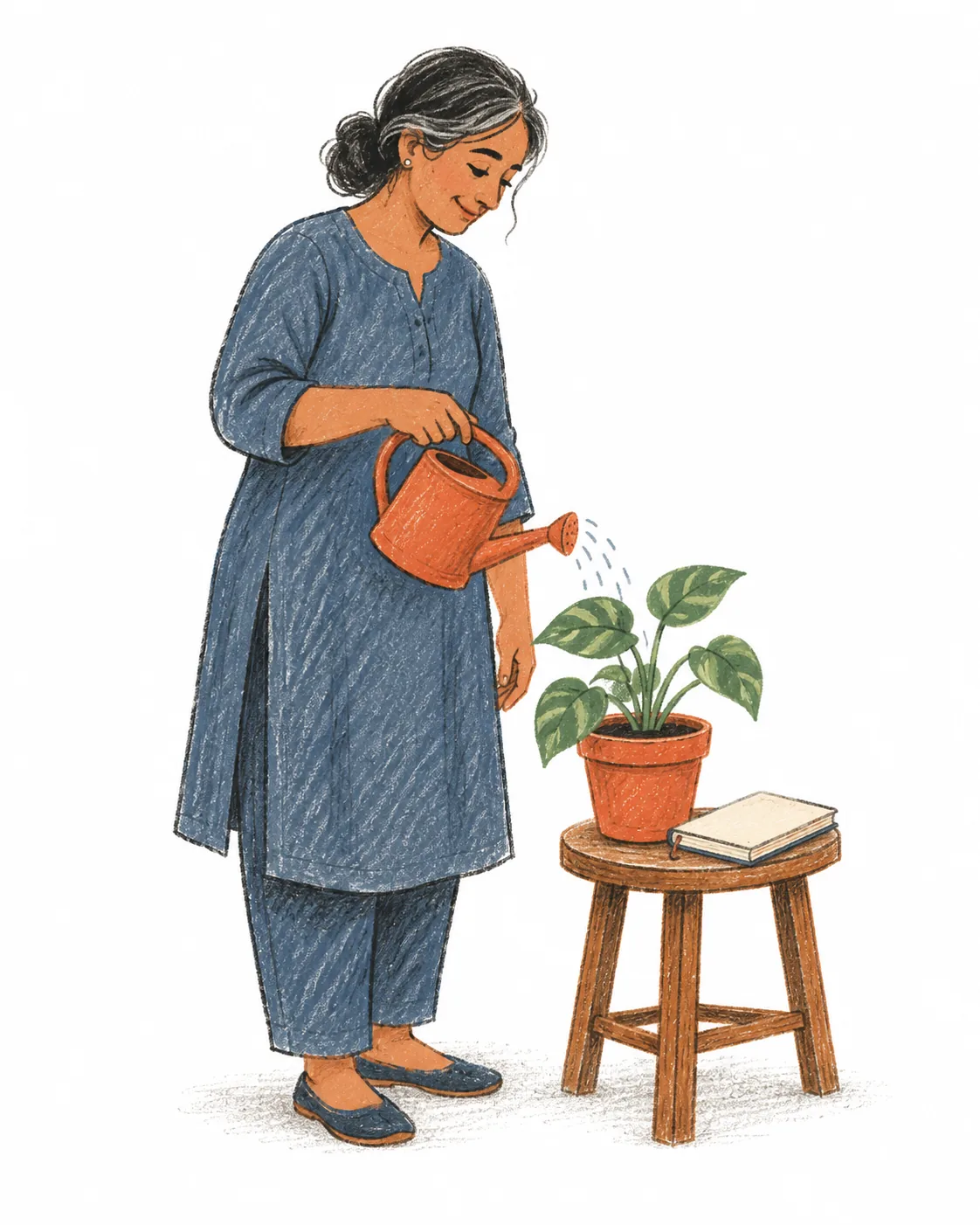 A woman watering a potted plant on a small stool, a notebook beside it.