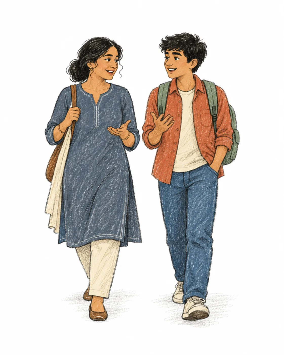 A mother and her teenage son walking side by side and talking easily, the son with a backpack.