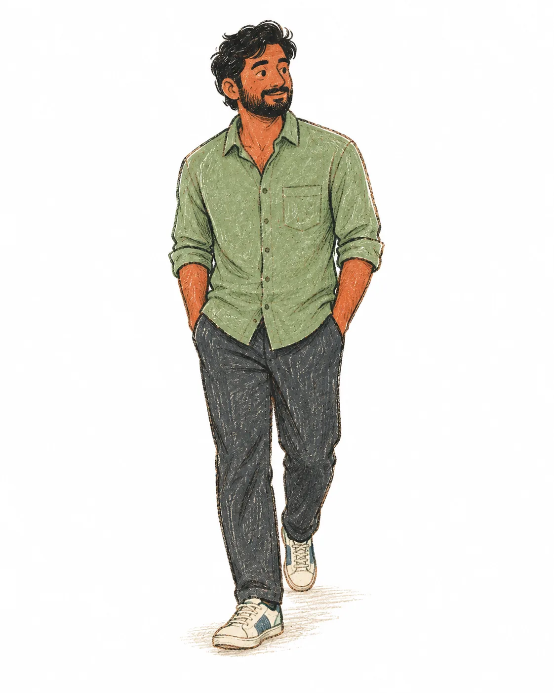 A man walking slowly with his hands in his pockets and a calm half-smile.