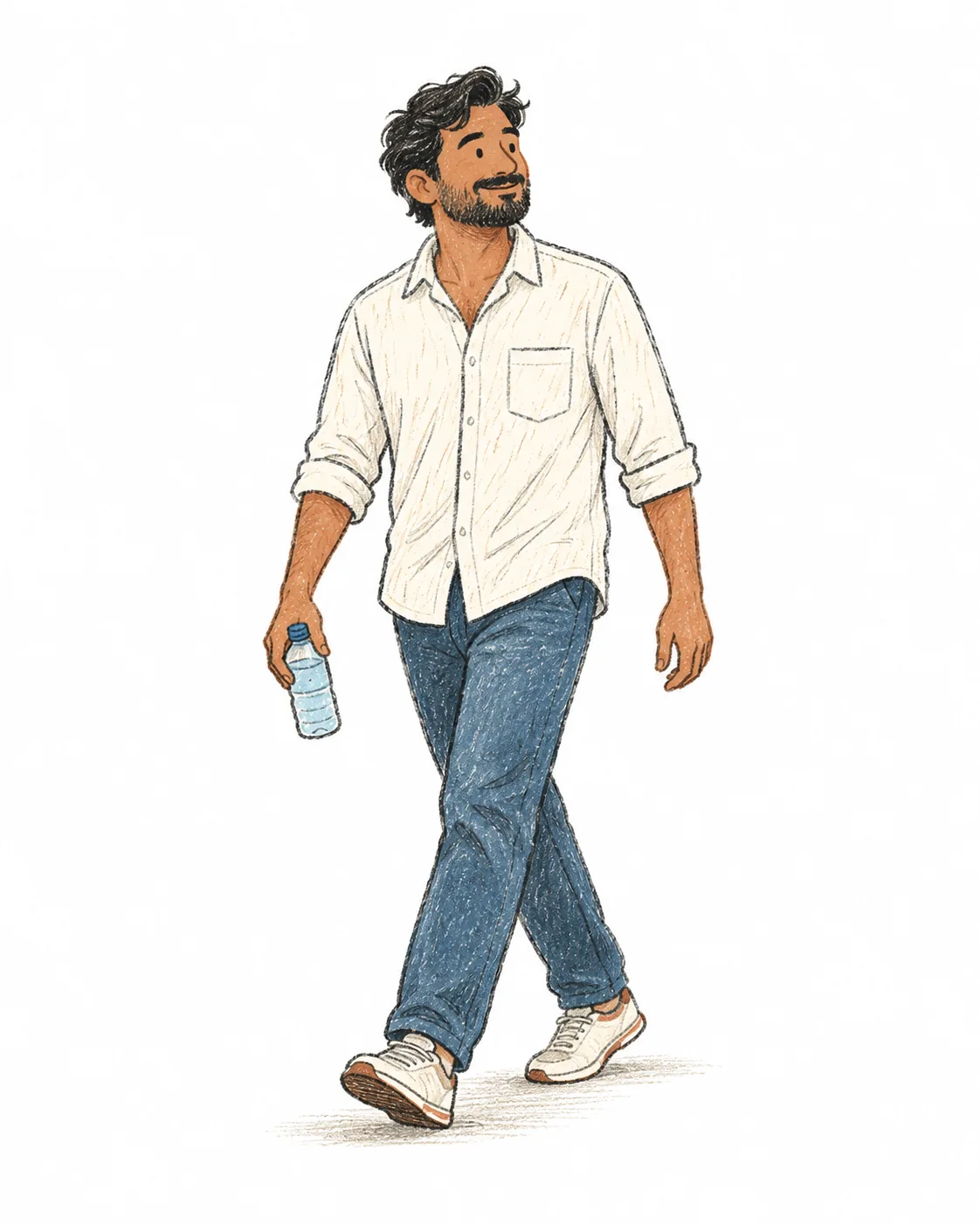 A man walking with an easy stride in a white shirt, a water bottle in one hand.
