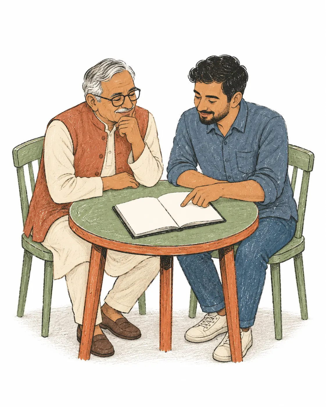 An older man and his son at a small table, planning together over an open notebook.