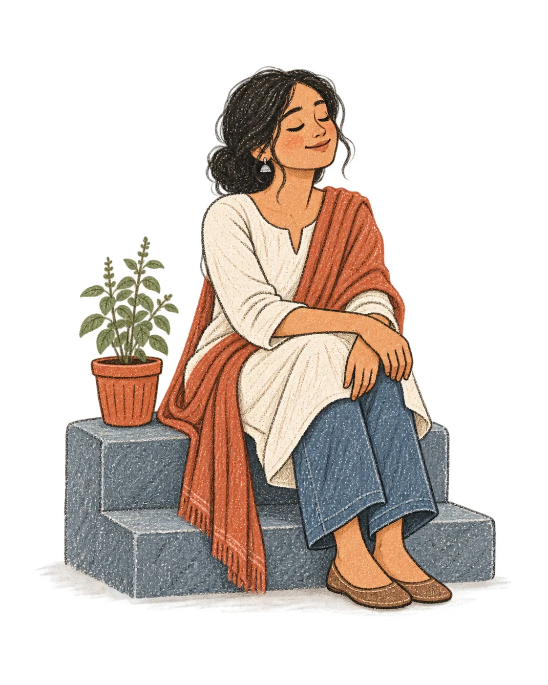 Ek mahila patthar ki seedhiyon par aankhen band karke dheere saans le rahi hai, paas mein tulsi ka paudha hai.