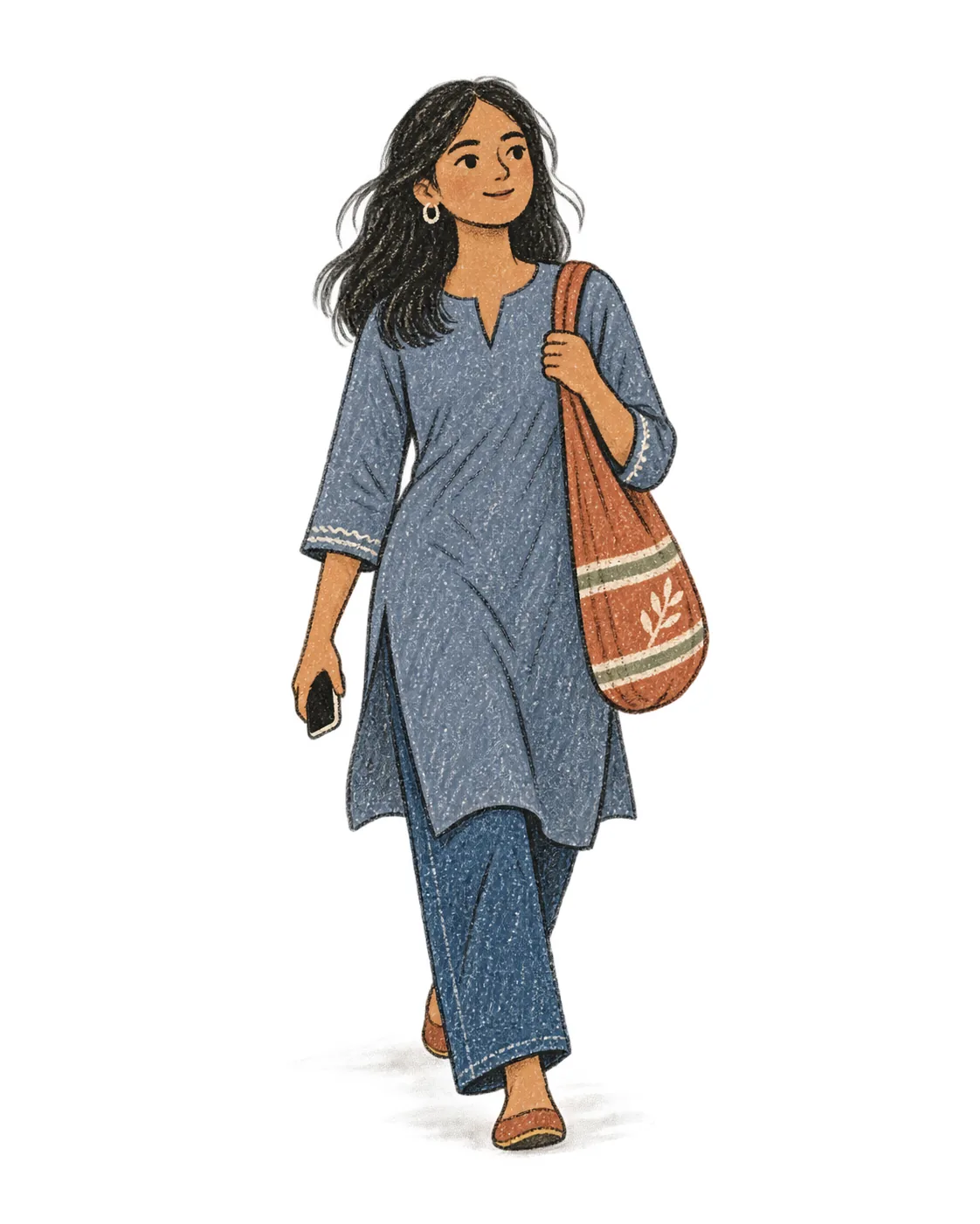 A young woman walking forward with a cloth bag on her shoulder and her phone in her hand.
