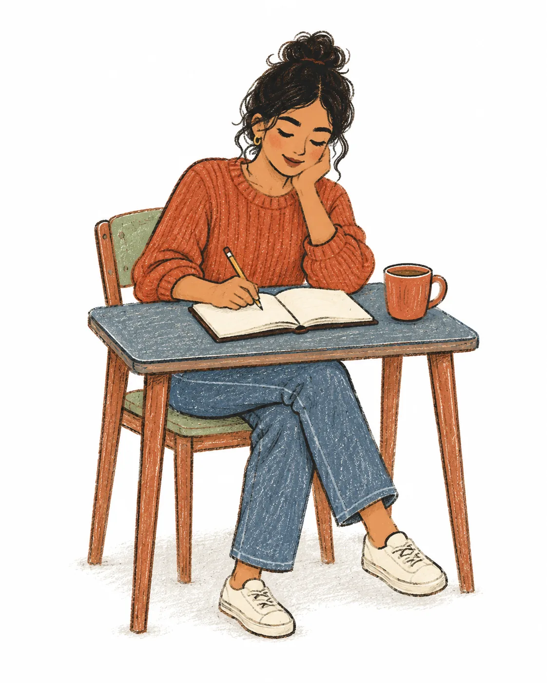 A young woman at a small desk writing a plan in a notebook, a mug beside her.