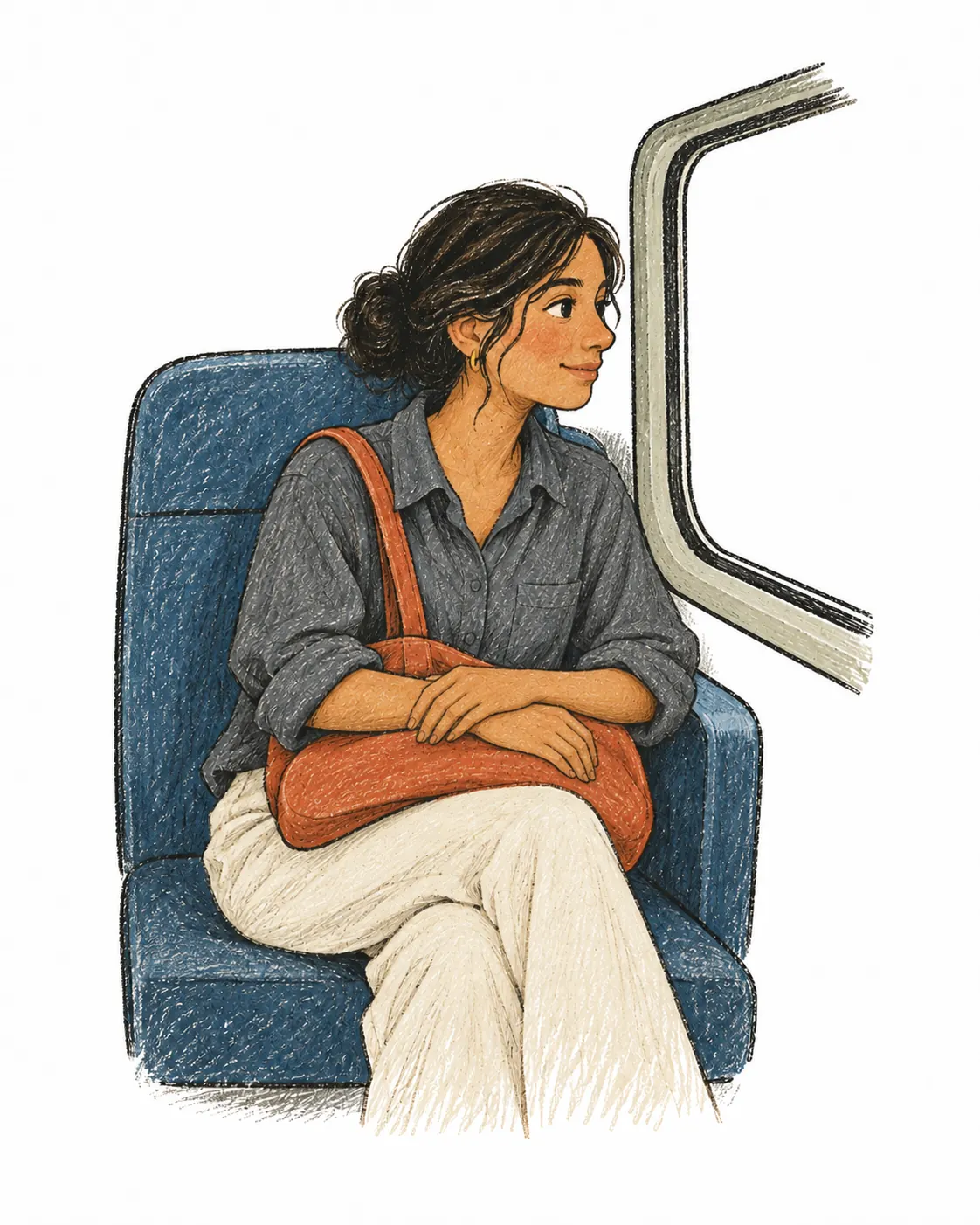 A young woman in a train window seat, hands folded on a bag in her lap.