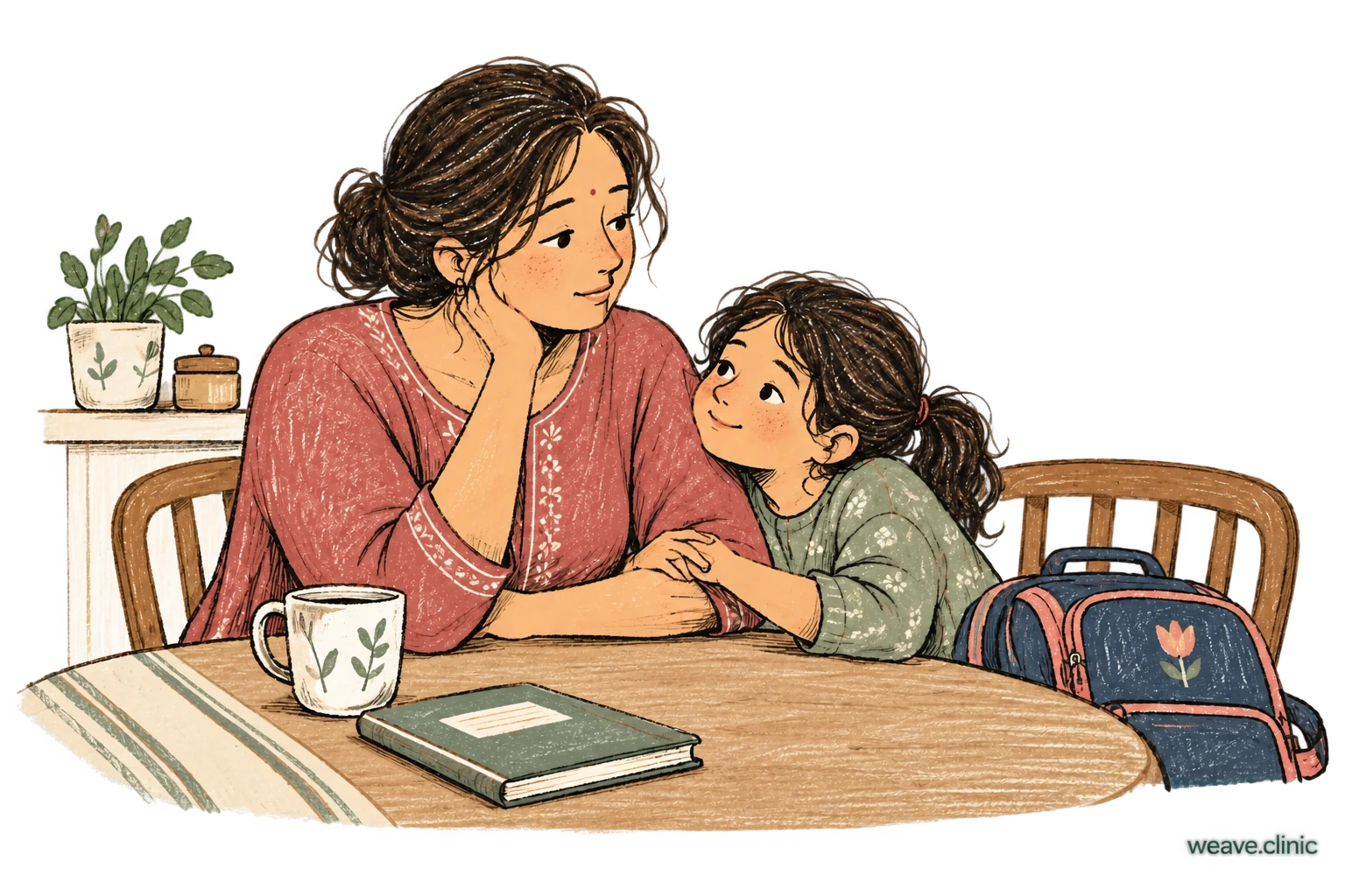 A mother taking a quiet pause beside her child at a kitchen table
