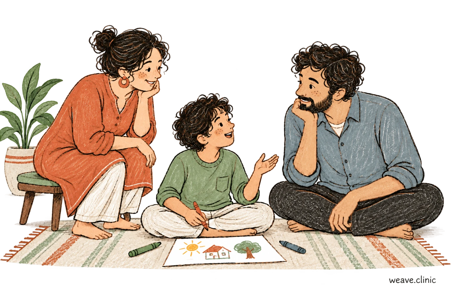 Parents listening as their child talks about his drawing