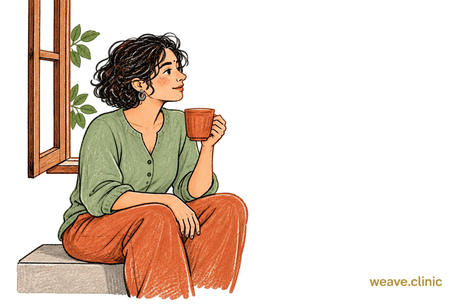 A woman pausing by an open window with a cup in her hand