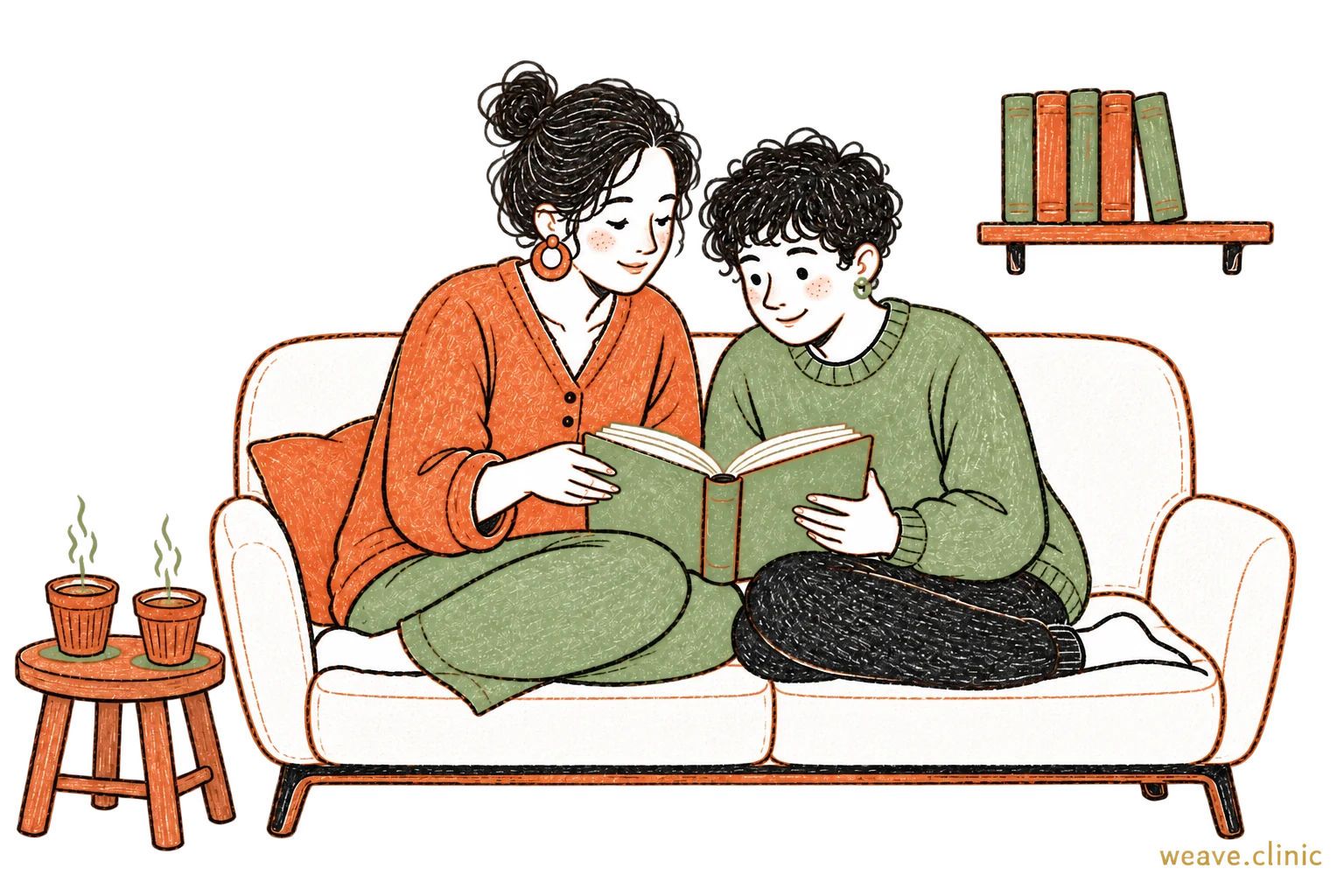 Hand-drawn parent and teenager reading one open book together on a sofa, two cups of chai on a stool beside them