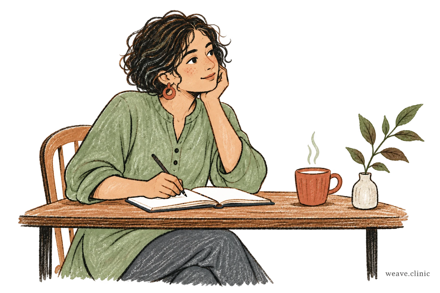 A woman pausing with her open journal at a table.