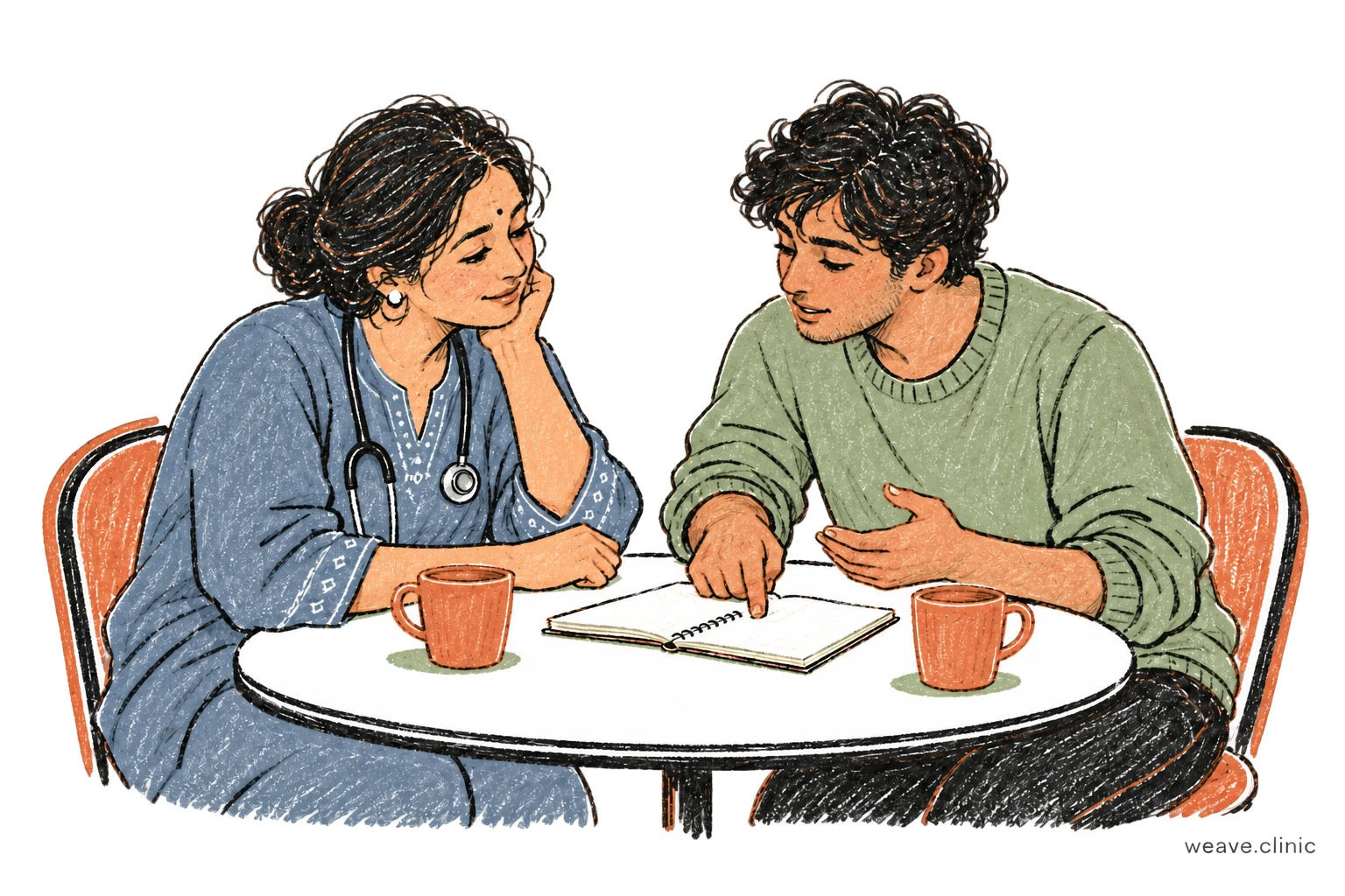 A clinician listening as a young adult explains something in his notebook