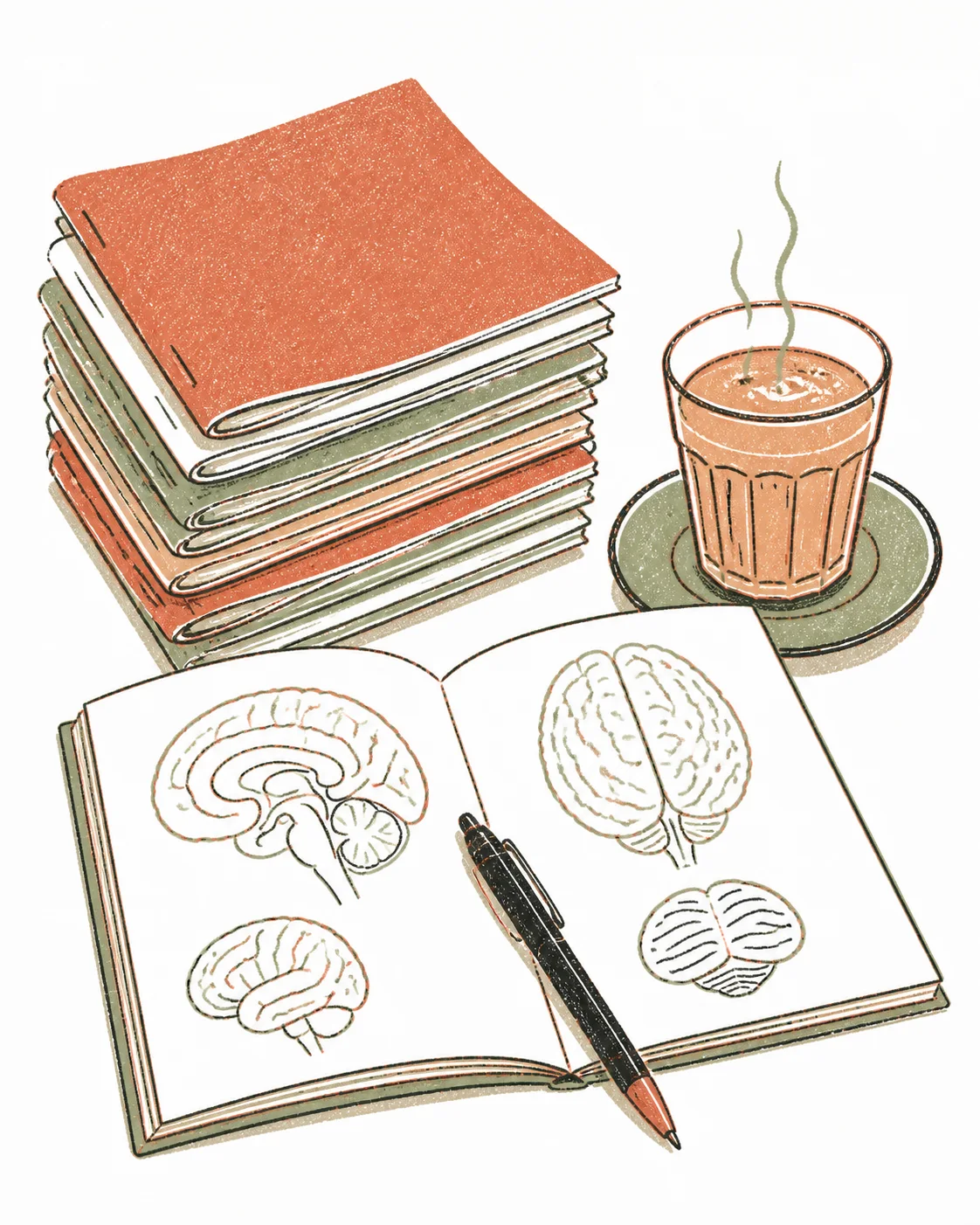 Riso-style illustration of a revision desk: a stack of stapled zine booklets, a steaming cutting glass of chai on a saucer, and an open booklet of hand-drawn brain diagrams with a pen resting across it.