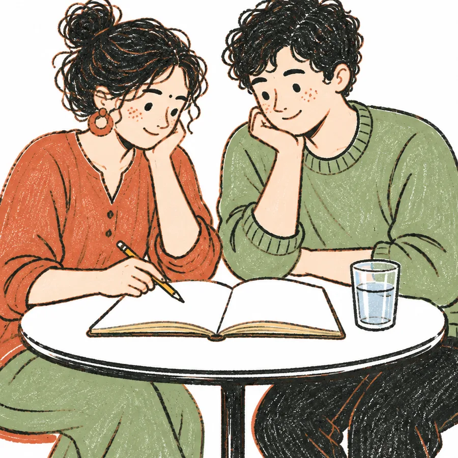 Two people sitting on the same side of a table looking at a notebook together.