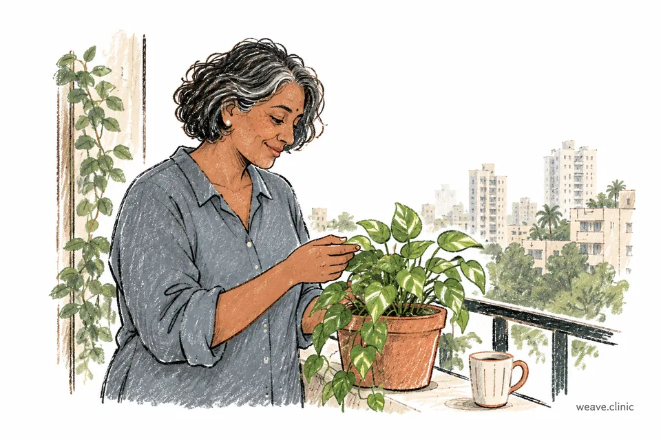 A woman tending plants on her balcony in the morning