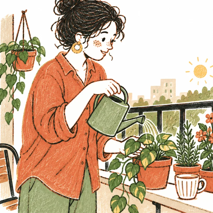 A person watering plants on a small balcony in the early morning.