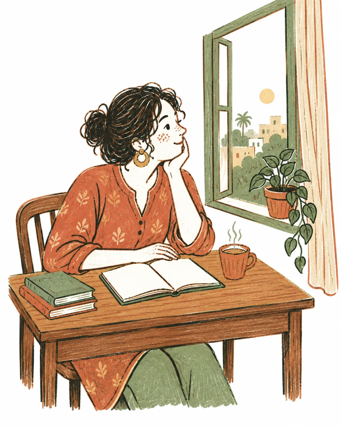 A woman at a small desk by a window in the morning, a notebook open beside a cup of chai.