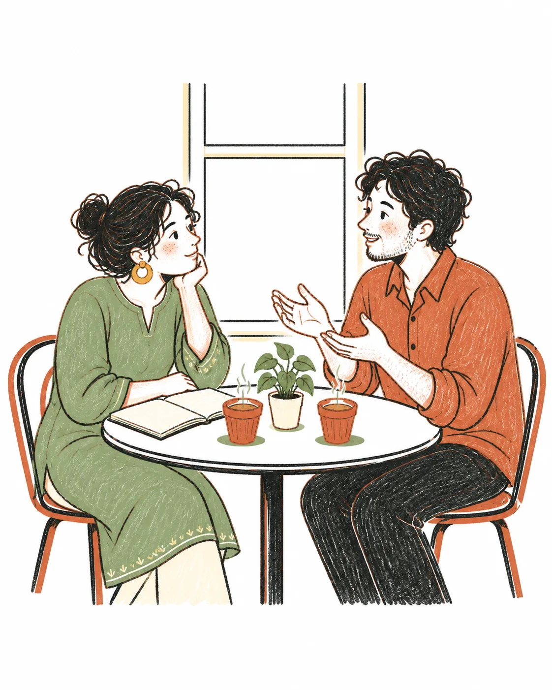 Two people talking across a small table by a window, a notebook and two cups of chai between them.