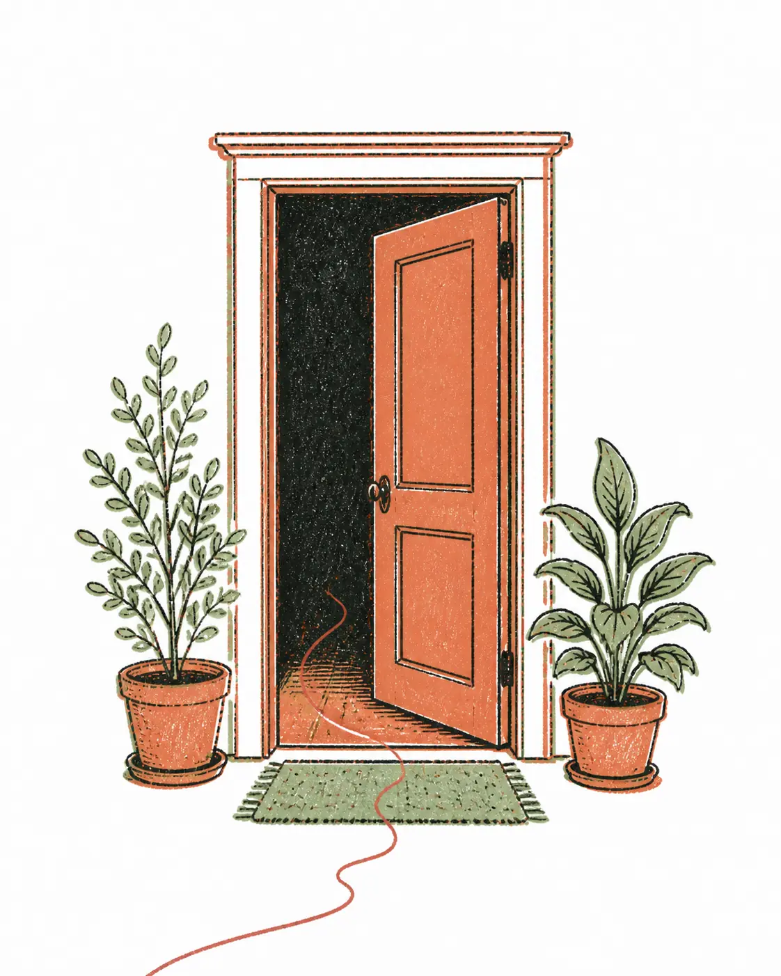Hand-drawn open door with plants at the threshold and a thread running through the doorway
