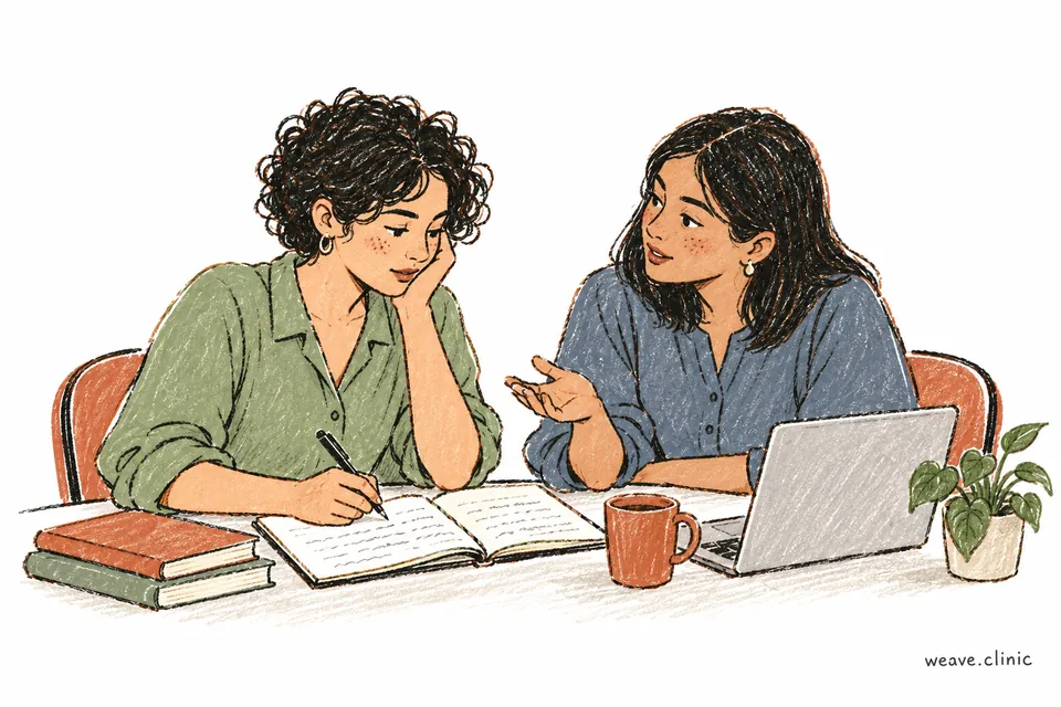 A writer pausing over her notebook beside an encouraging colleague