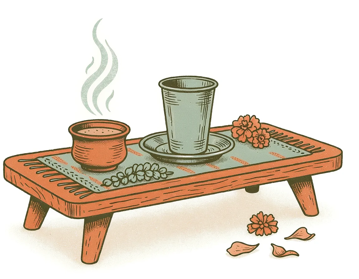 Hand-drawn low wooden table with a woven runner holding a clay kulhad of chai and a steel tumbler and davara, jasmine and marigolds beside them