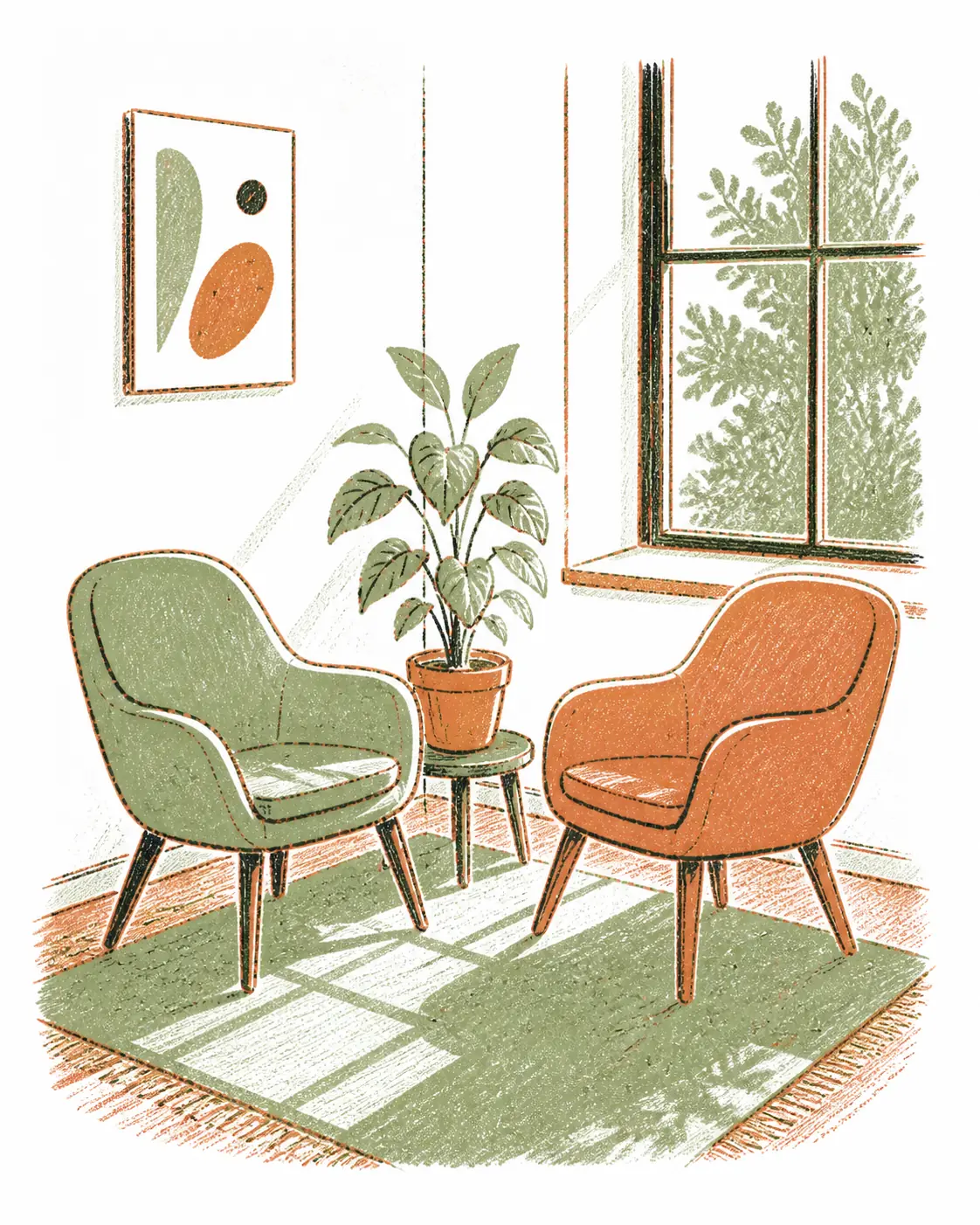 Hand-drawn sunlit consultation corner: two chairs angled toward each other, a window, and a plant