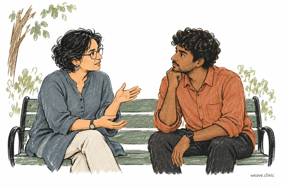 Two colleagues discussing different perspectives on a park bench