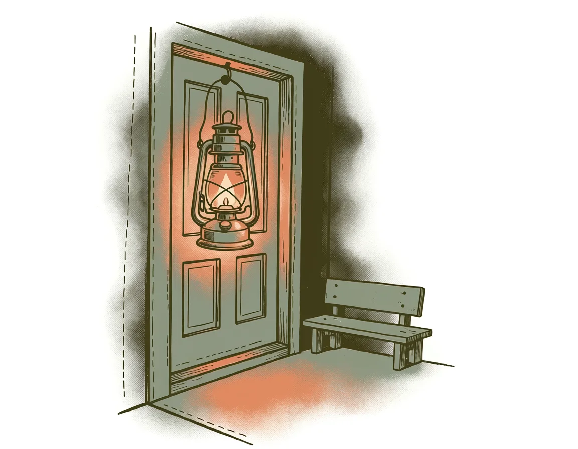 Hand-drawn lit lantern hanging on a door standing open with warm light, a wooden bench beside it