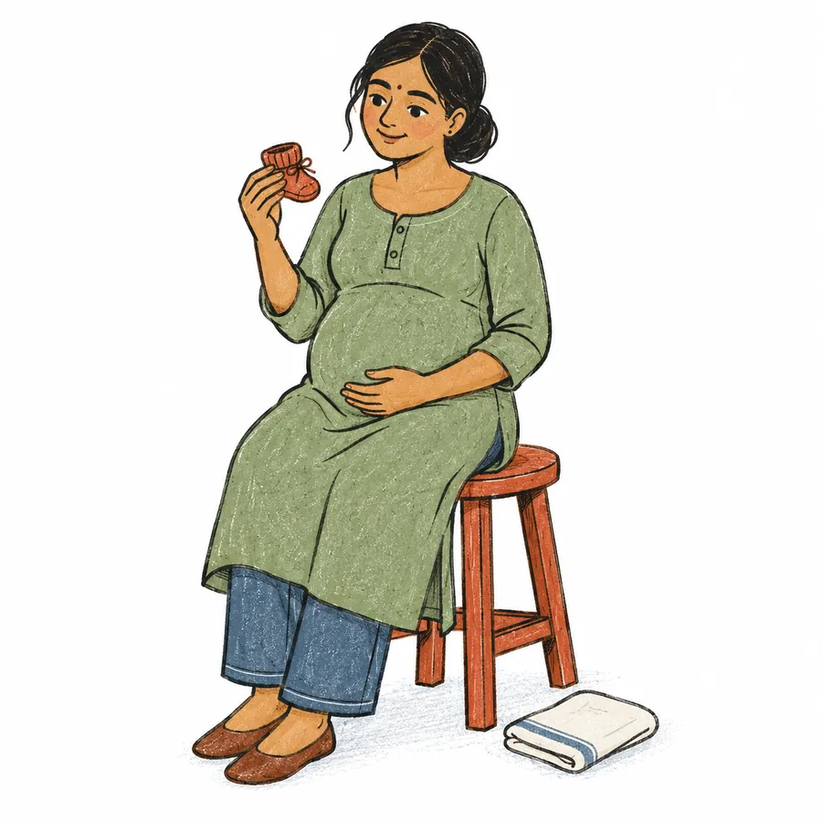 A pregnant woman on a stool holds a small knitted bootie, one hand on her belly