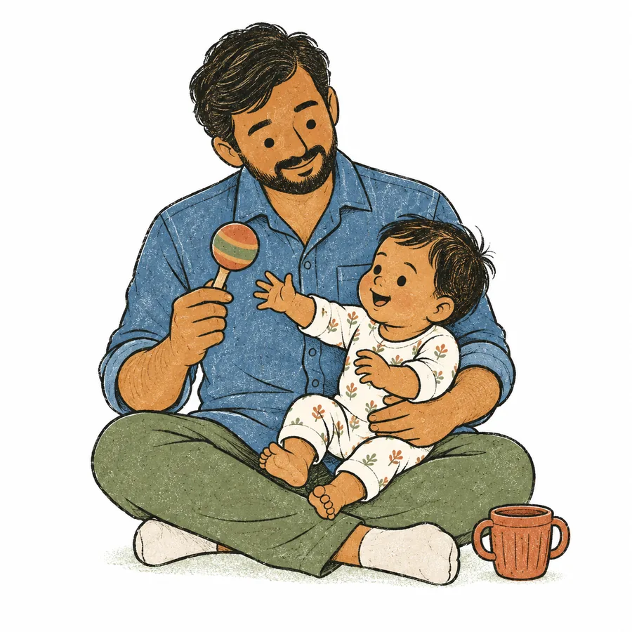 A father sits cross-legged holding a baby who reaches for a wooden rattle