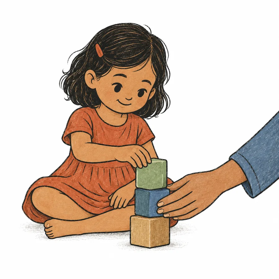 A small child stacks three wooden blocks while a parent's hand steadies the tower