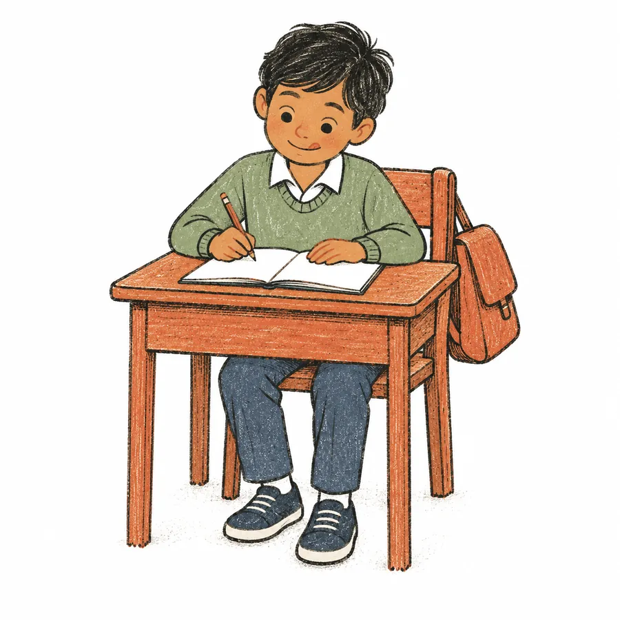 A child at a wooden desk writes in a notebook, a satchel hung on the chair